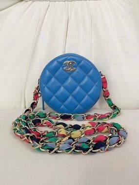 Chanel Blue Quilted Round Crossbody Bag with Multicolor Chain 30 Series